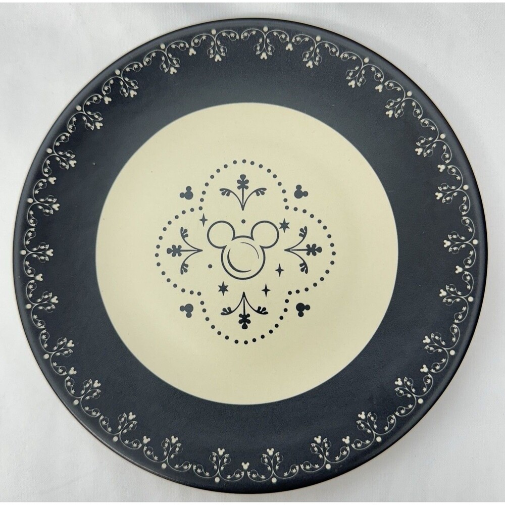 Disney Kitchen Mickey Salad Plate Black Scroll Hidden Mickey 7” HTF